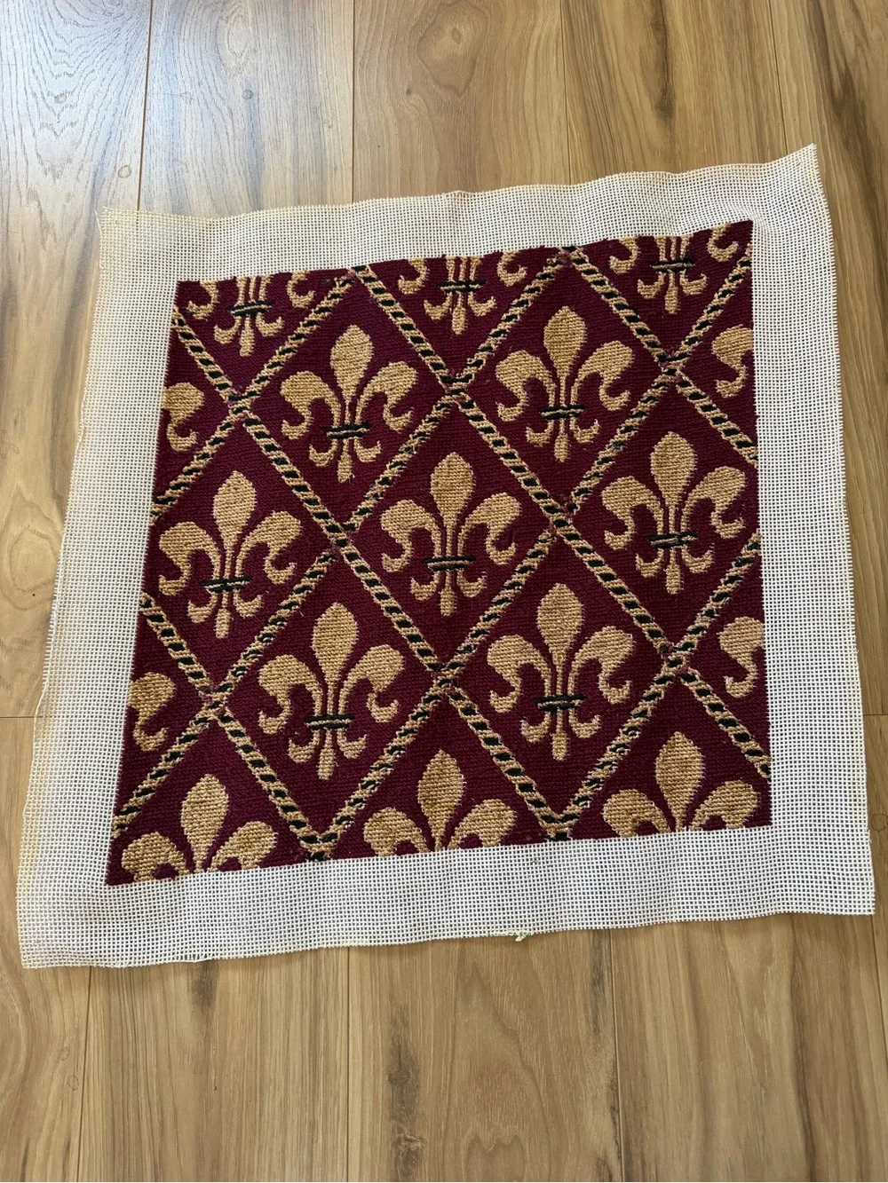 Vintage Handstitched Needlepoint Canvas Fleur-de-Lis Burgundy 15.5” Square